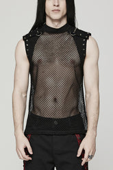 High Collar Sleeveless Rivet Decoration Sheer Mesh Men's Steampunk Vest 2 Colors